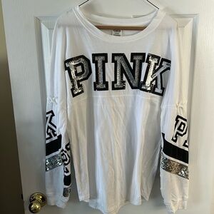 Victoria’s Secret Pink White Long-Sleeved T-shirt with Sequined Appliqué Logo